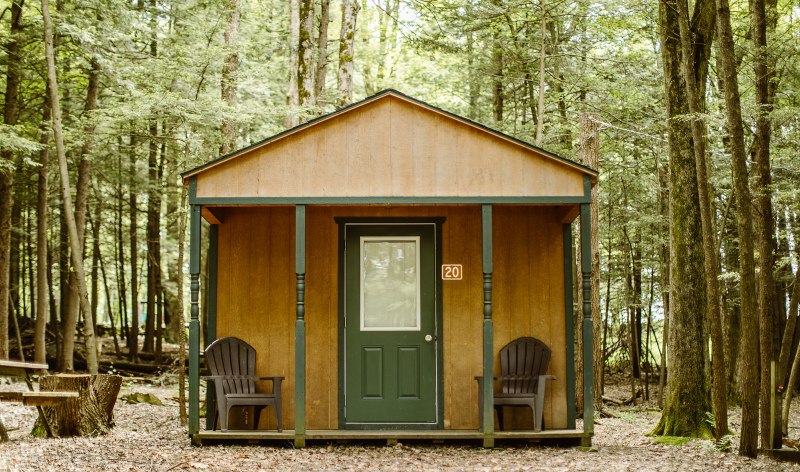 Outdoor view of a camping cabin at Rock Mountain.