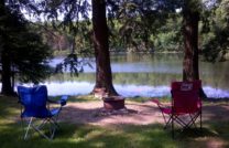 Lake view at a tent campsite.