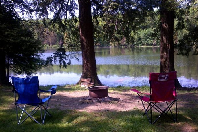 Lake view at a tent campsite.